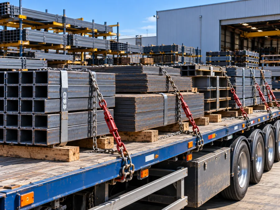 Banded steel plate and sections chained on a flat-top trailer