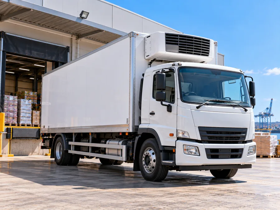 Refrigerated rigid truck at a Newcastle food service dock