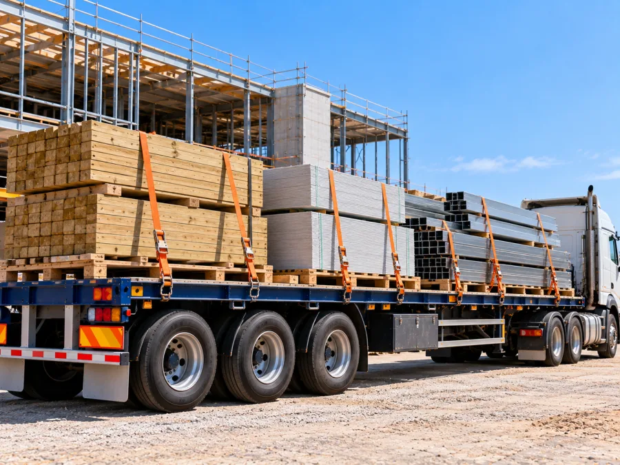 Timber and cladding on a trailer at a Newcastle construction site