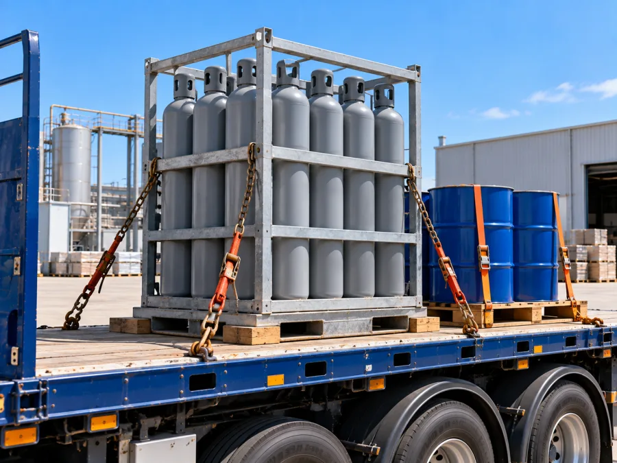 Gas cylinder pack and sealed drums chained on a trailer deck at Newcastle