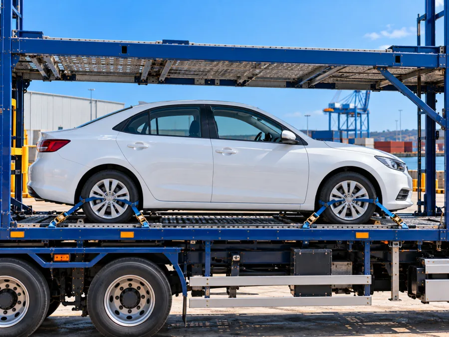 Car strapped on a carrier deck at a Newcastle yard