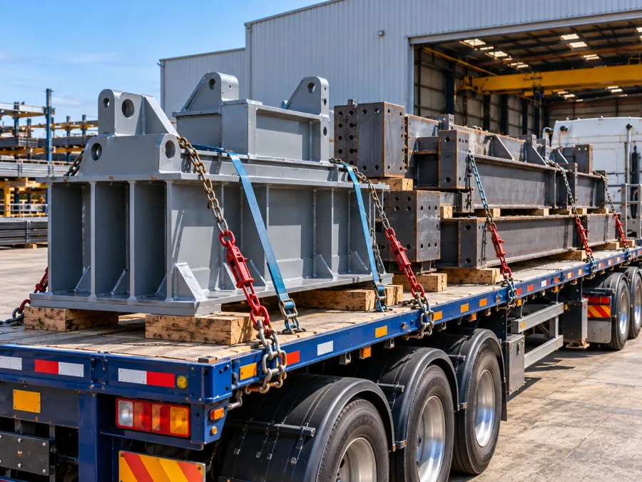 Fabricated steel assemblies chained on a trailer at a Newcastle workshop