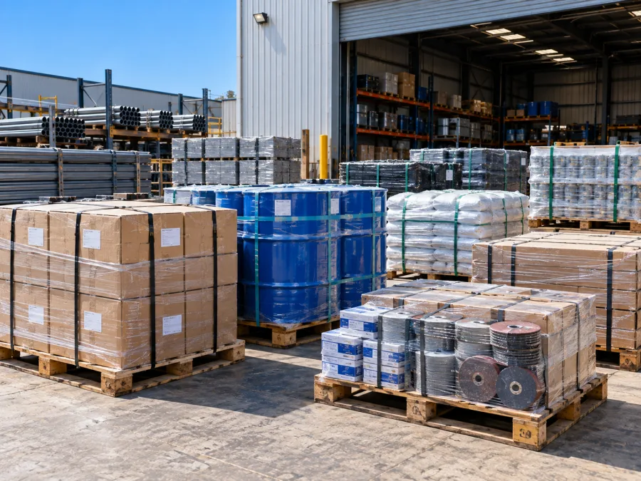 Palletised engineering consumables staged at a Newcastle supply warehouse