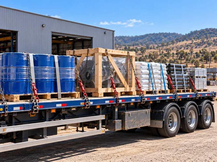 Drums and crated components loaded for the Hunter Valley mining operations