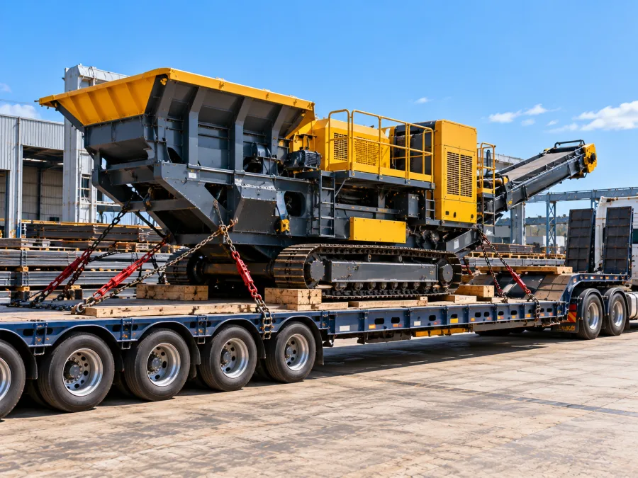 Industrial machine chained on a low-loader at a Newcastle industrial site