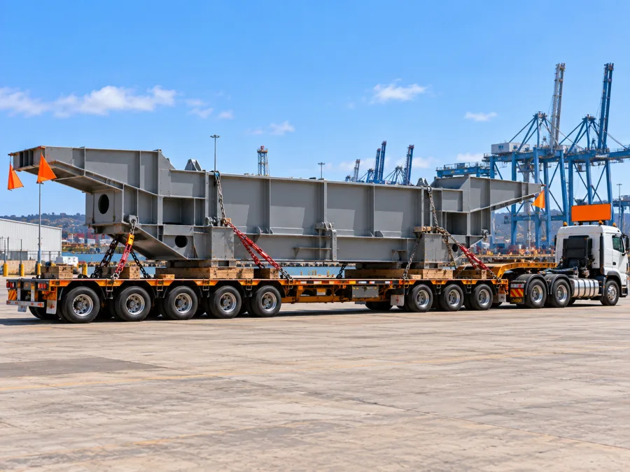 Over-dimensional steel structure on a multi-axle low-loader at Newcastle