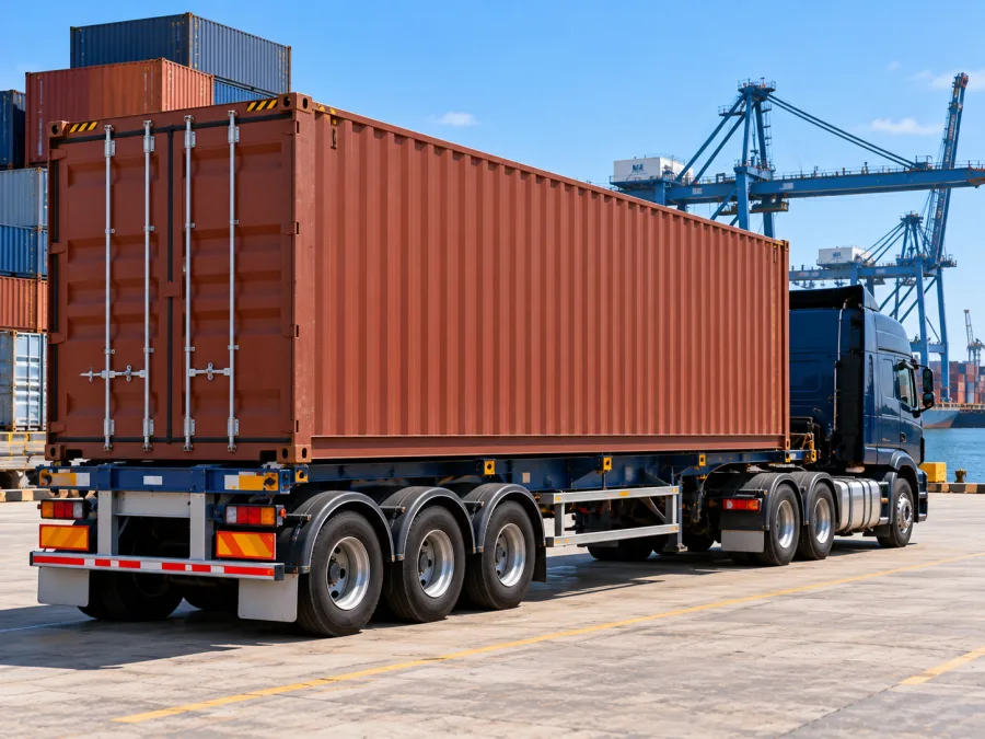 Container on a trailer at the Port of Newcastle for the road leg