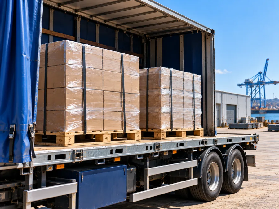 Wrapped pallets on a trailer at a Newcastle industrial estate