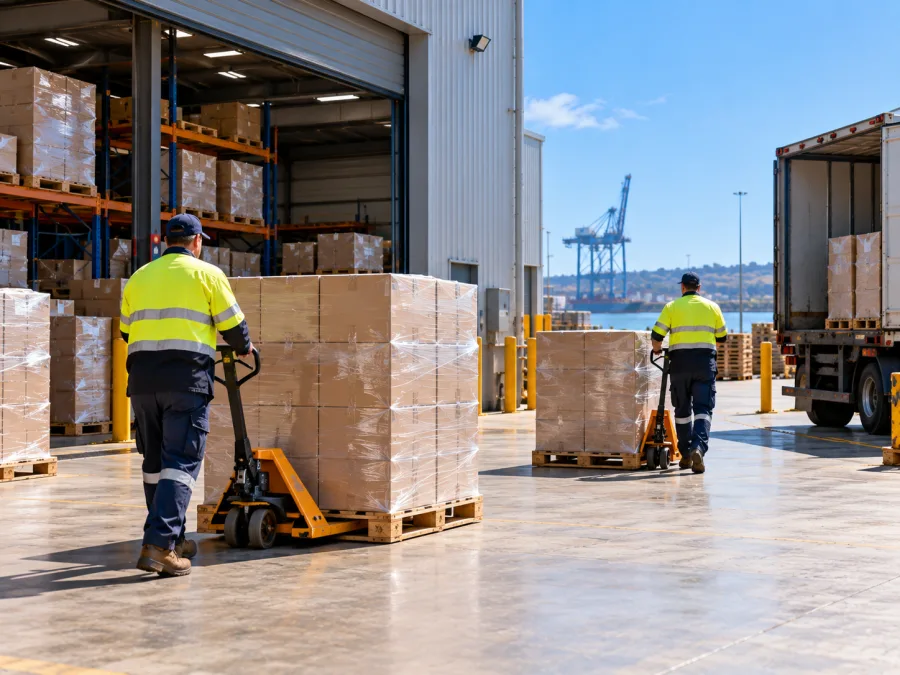 Workers moving pallets at a Newcastle distribution dock