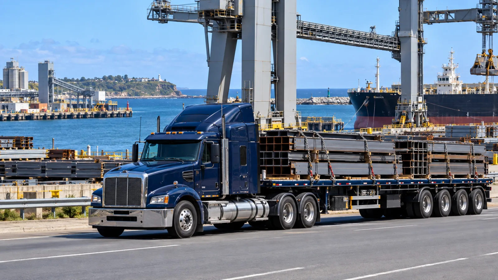 Semi-trailer with steel sections passing the Newcastle harbour industrial area