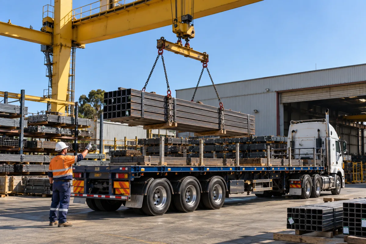 Overhead crane loading steel sections onto a trailer at a Sydney supplier