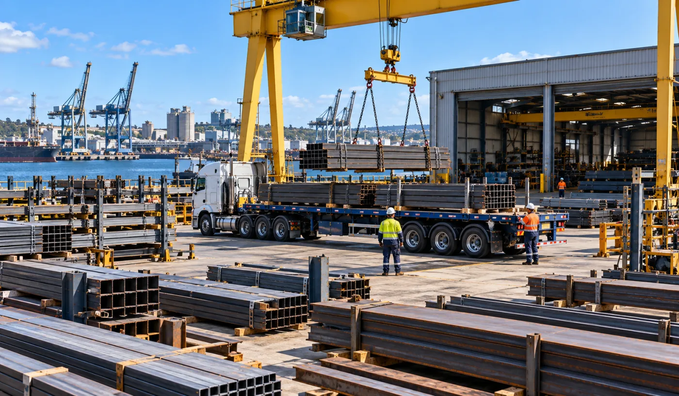 Racked steel and a trailer being loaded by gantry crane at a Newcastle fabrication yard