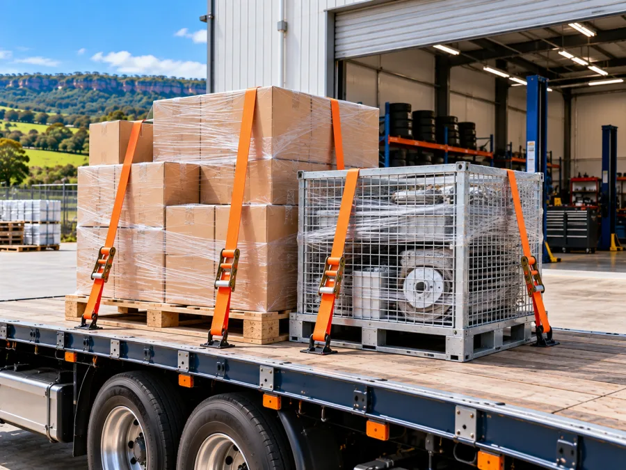 Palletised automotive parts and a steel cage strapped on a truck deck