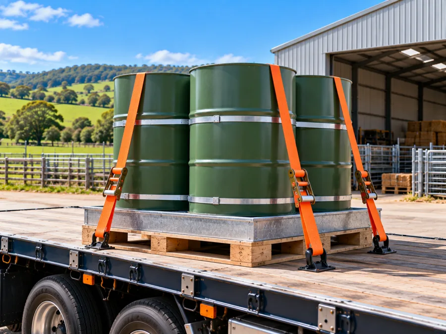 Sealed drums banded on a pallet and strapped to a trailer deck