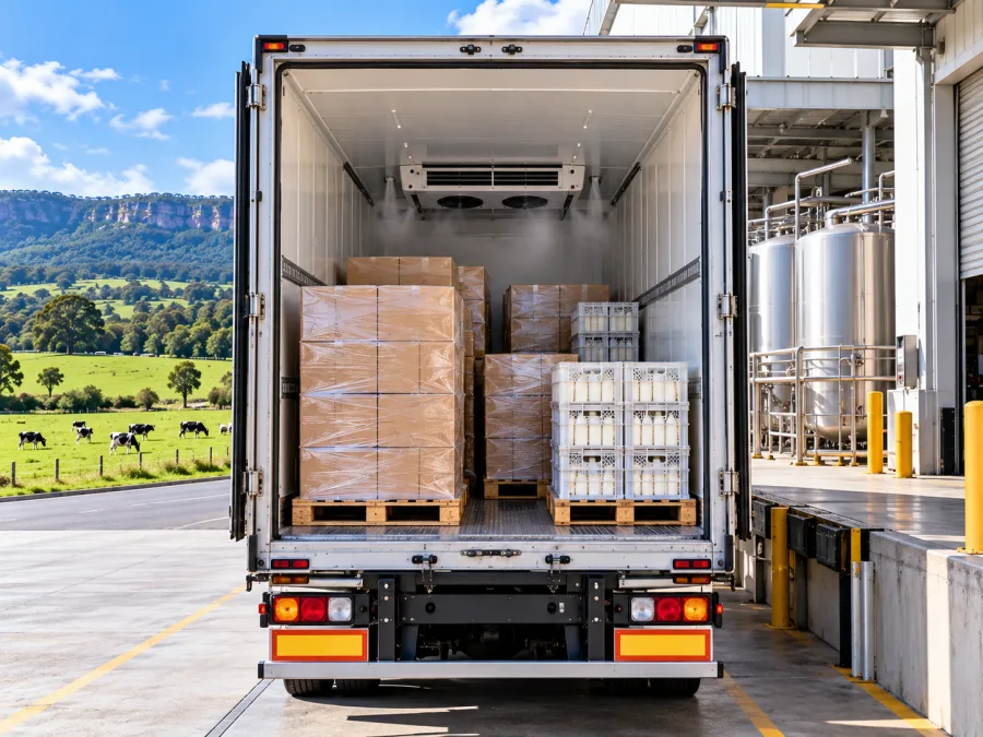 Open refrigerated trailer loaded with dairy product in the Shoalhaven