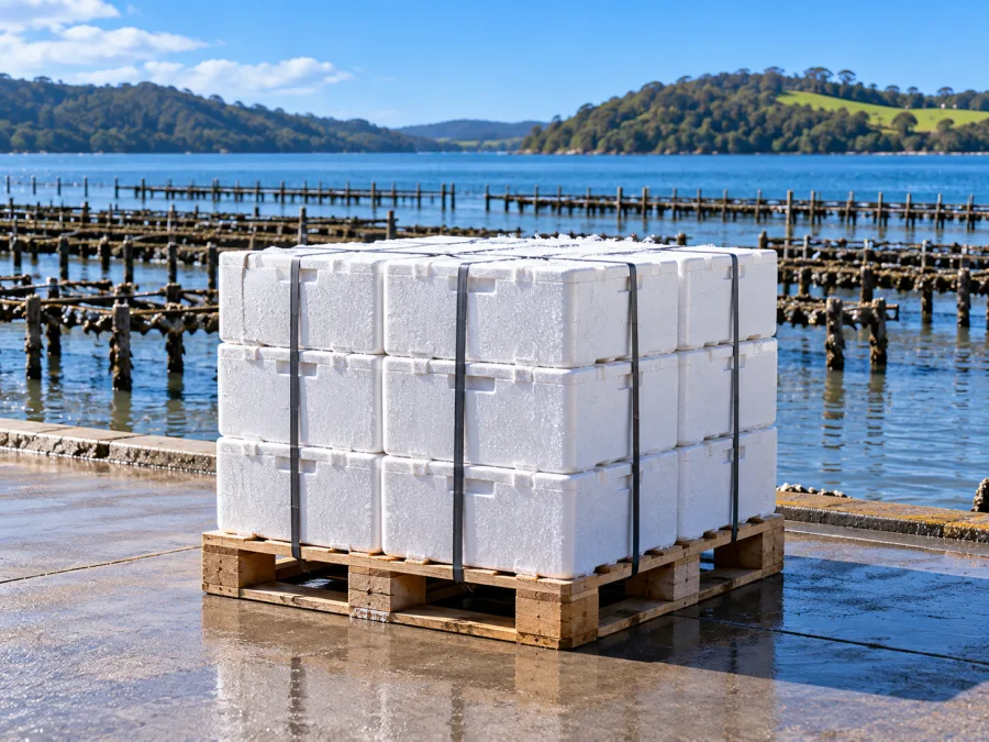 Insulated boxes palletised beside estuary oyster racks in the Shoalhaven