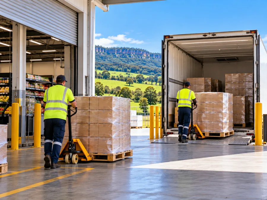 Workers moving grocery pallets at a Nowra supermarket dock