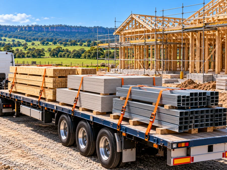 Timber and cladding on a trailer at a Shoalhaven building site