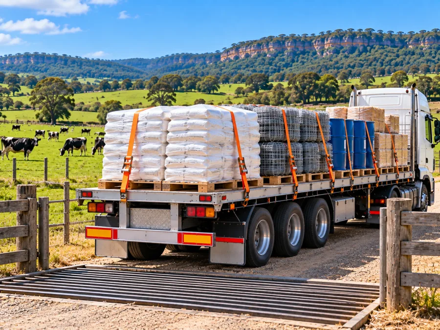 Feed and fencing loaded on a trailer at a Shoalhaven dairy farm gate