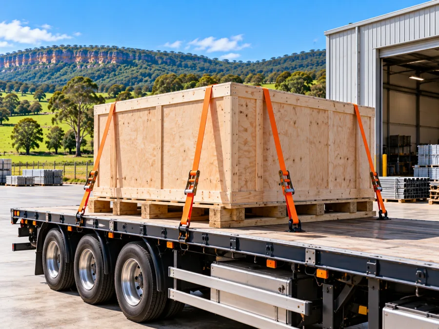 Timber-crated machine strapped on a trailer at a South Nowra industrial site