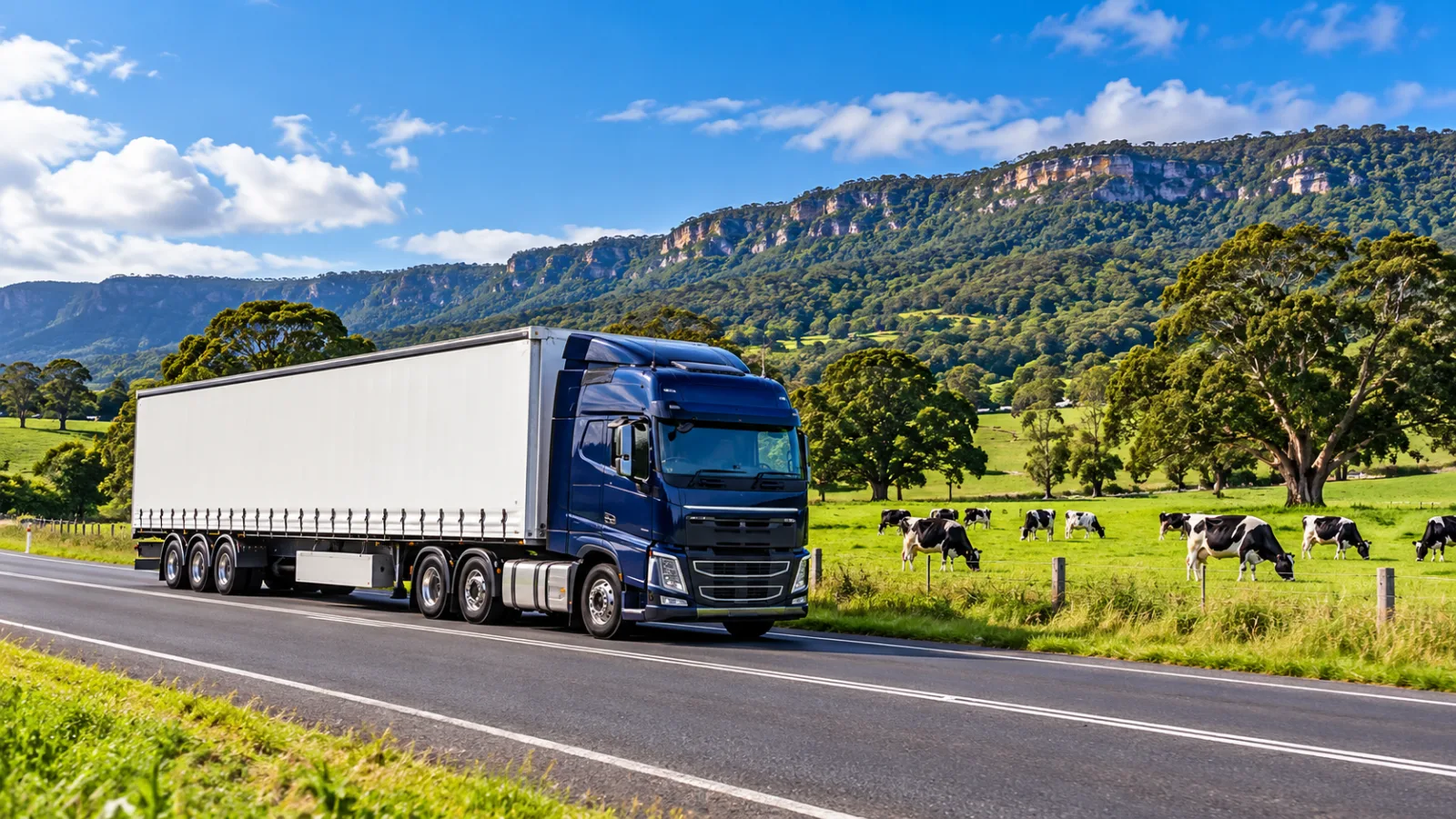 Semi-trailer on the Princes Highway through green dairy pasture near Berry