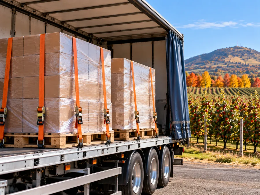 Wrapped pallets on a trailer with Orange orchard country behind