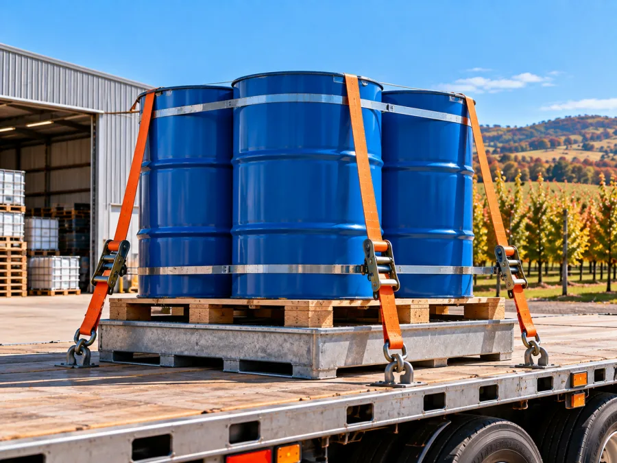 Sealed drums banded on a pallet and strapped to a trailer deck