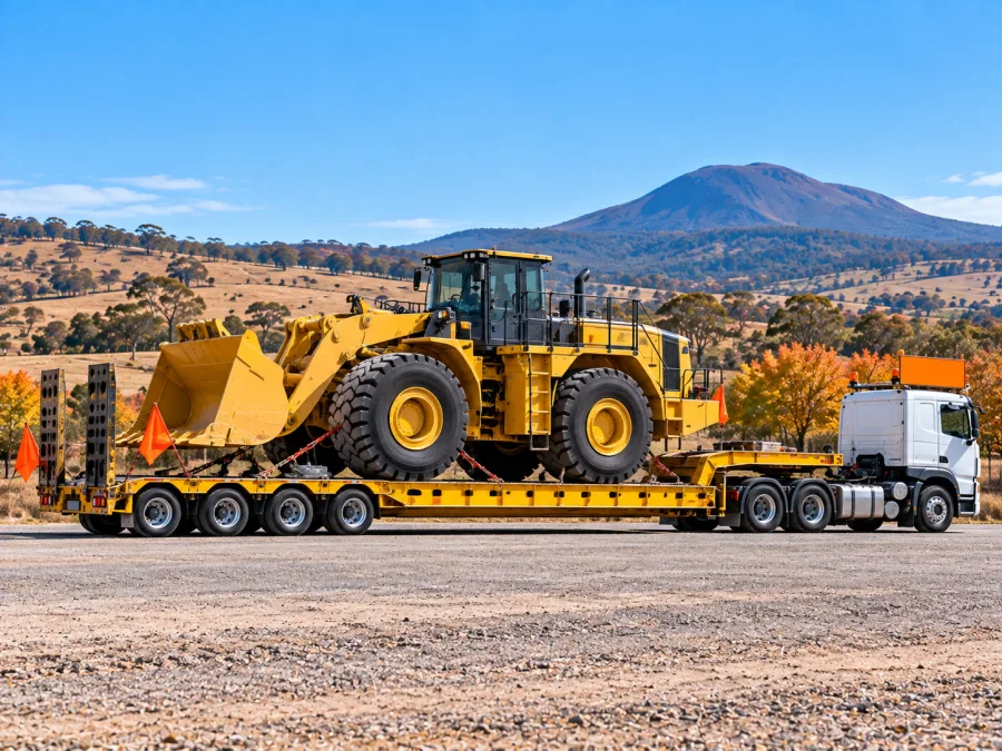 Oversize machine on a low-loader with the volcanic peak behind near Orange
