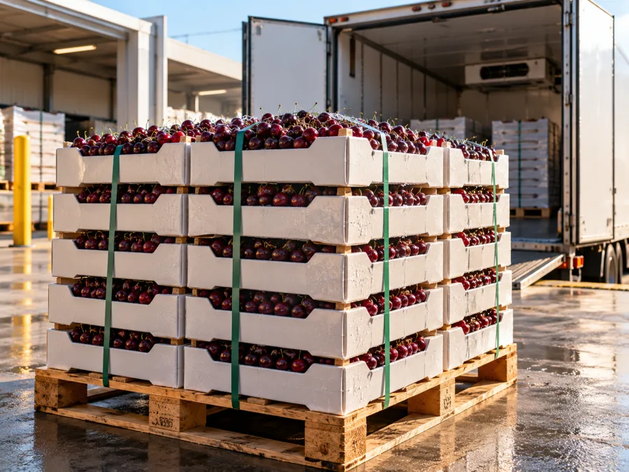 Trays of cherries palletised on a chilled dock for the Sydney markets