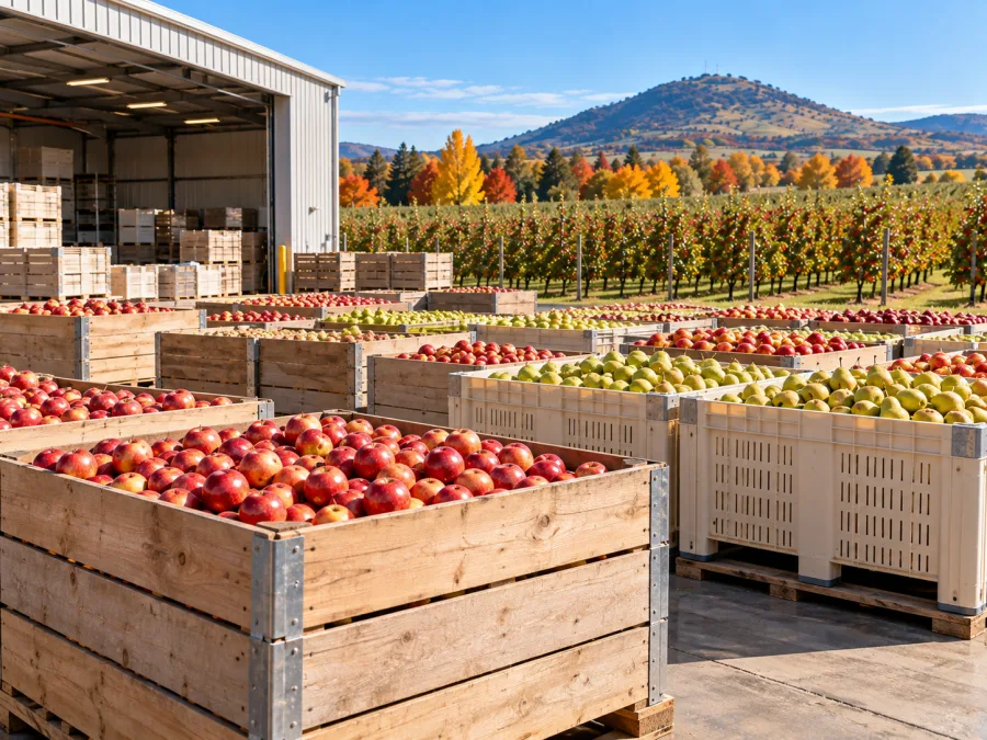 Bulk bins of apples stacked at an Orange packing shed
