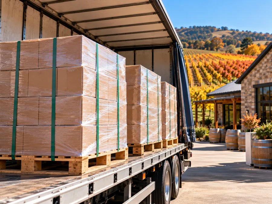 Palletised cased product loaded at a cool-climate winery near Orange