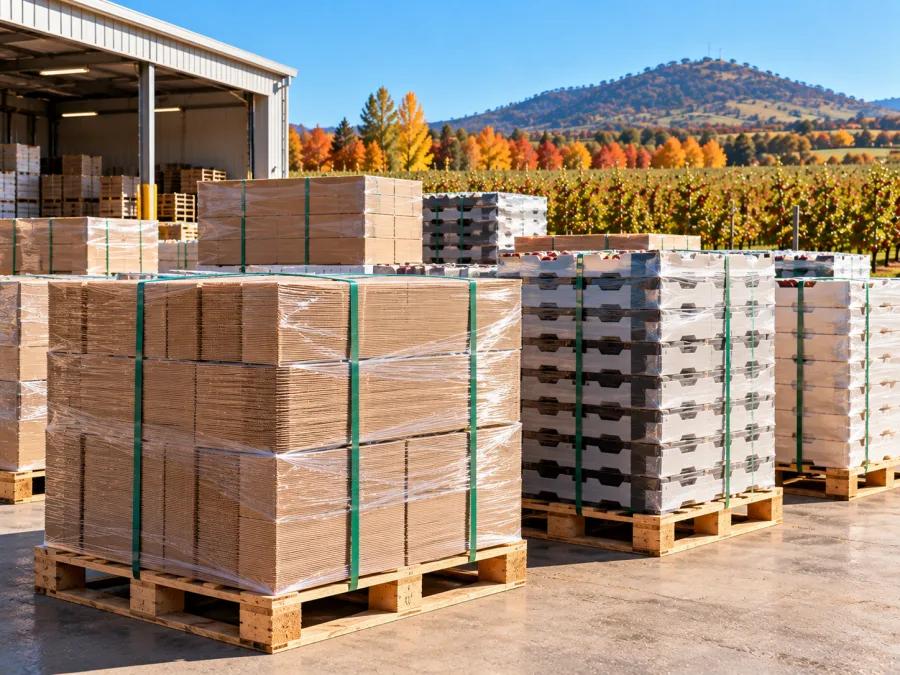 Flat-packed cartons and empty fruit trays staged ahead of harvest