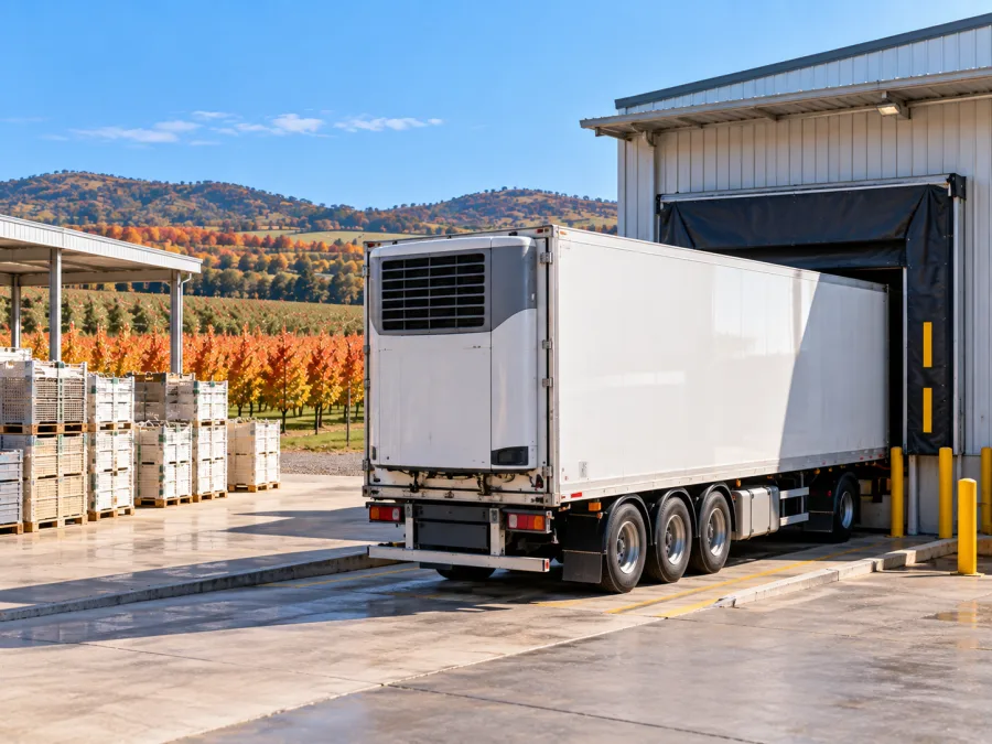 Refrigerated trailer sealed into a chilled dock at an Orange packing shed
