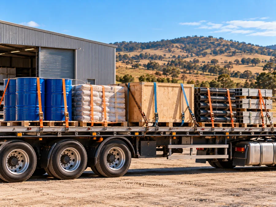 Drums and crated components loaded for the Central West mining supply chain