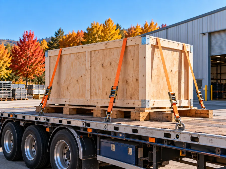 Timber-crated machine strapped on a trailer at an Orange industrial site