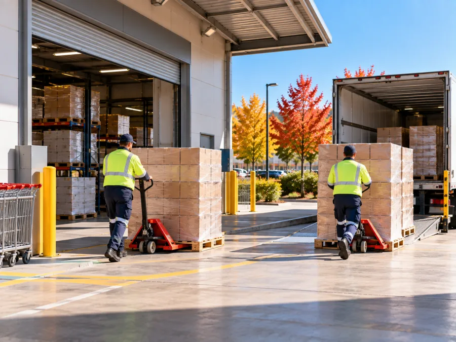 Workers moving grocery pallets at an Orange supermarket dock