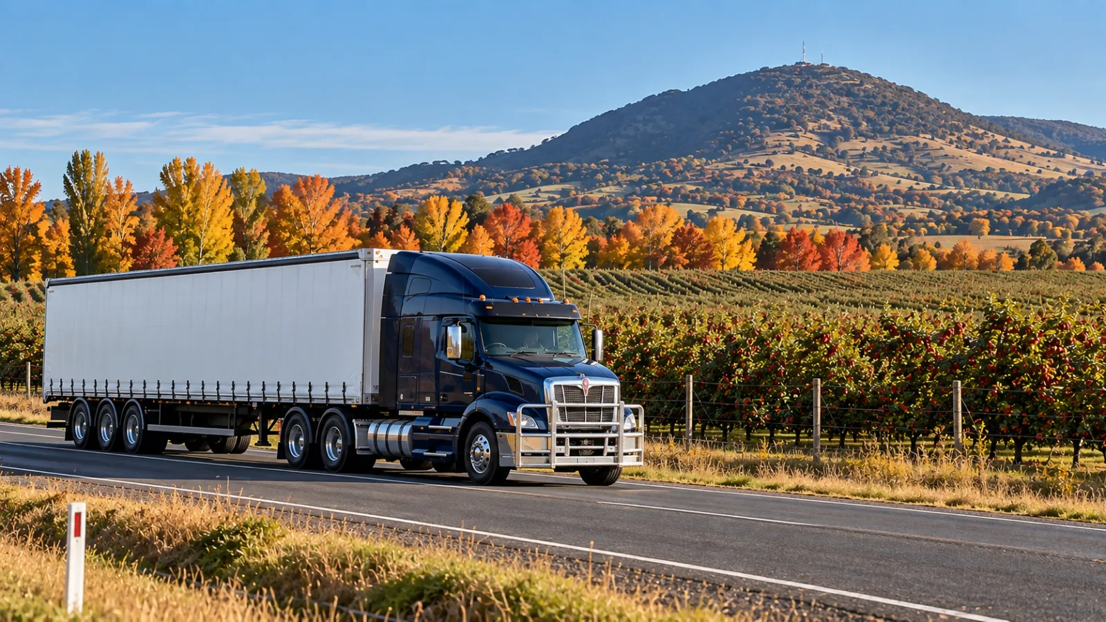 Semi-trailer past apple orchard rows with a rounded volcanic peak behind near Orange