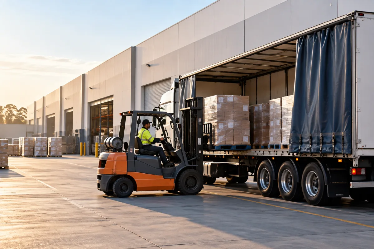 Forklift loading a trailer at a Western Sydney depot for the Orange run