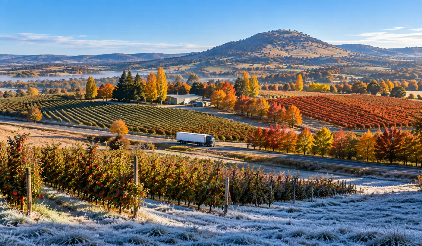 Orchard and vine rows with frost in the hollows below a rounded volcanic peak