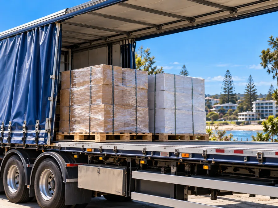 Wrapped pallets on a trailer at a Port Macquarie commercial site