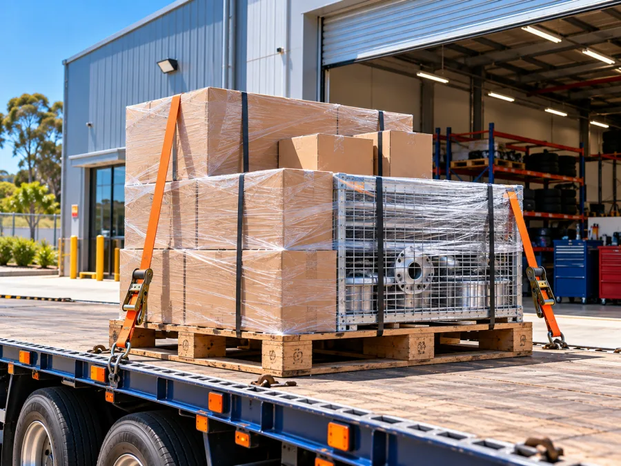 Palletised automotive parts and a steel cage strapped on a truck deck