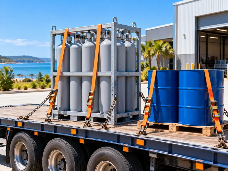 Gas cylinder pack and sealed drums chained on a trailer deck
