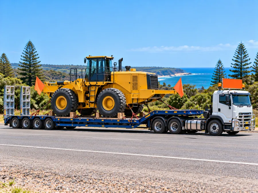 Oversize machine on a low-loader on the mid-north coast