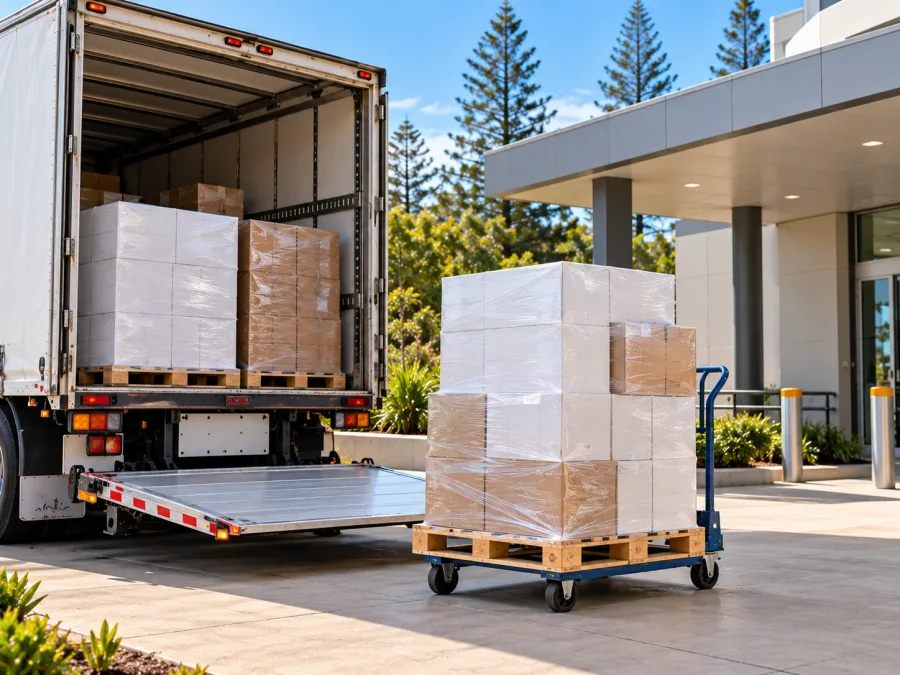 Palletised medical supplies on a trolley at a health facility service entrance