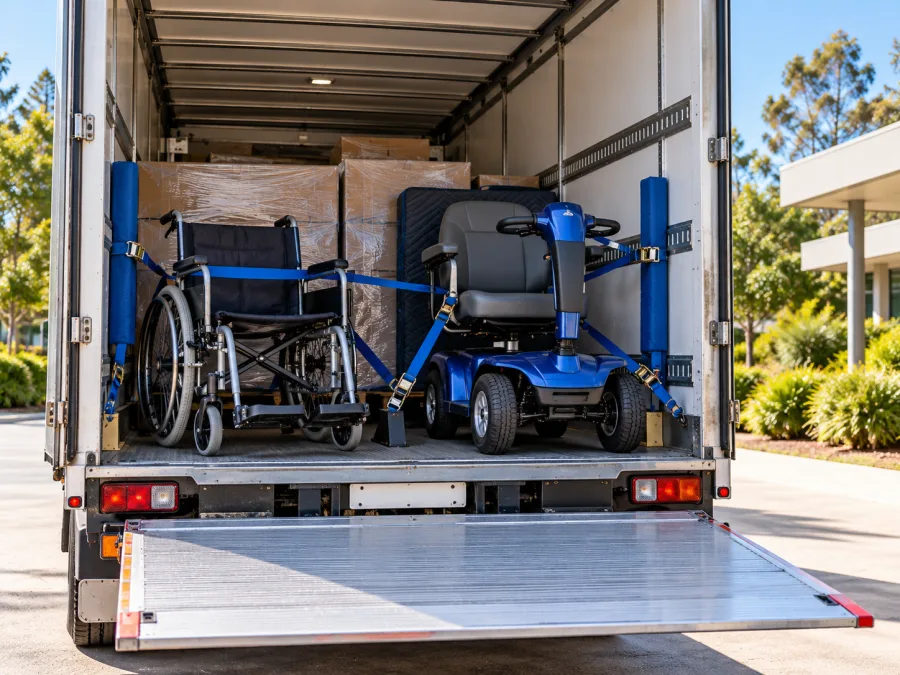 Mobility equipment strapped and padded inside a truck for delivery