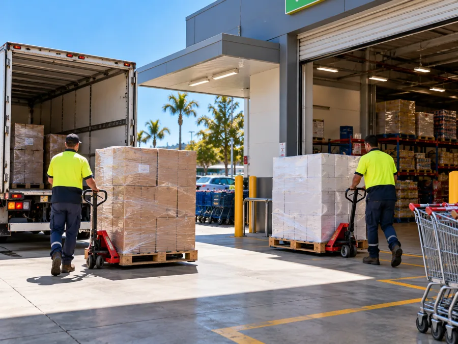 Workers moving grocery pallets at a Port Macquarie supermarket dock