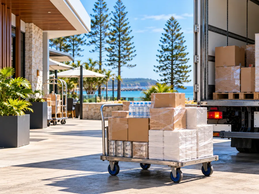 Hospitality supplies unloaded at a Port Macquarie venue service entrance