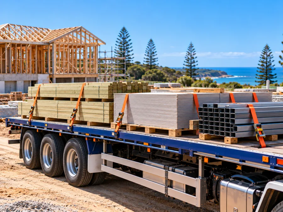 Timber and cladding on a trailer at a Port Macquarie building site