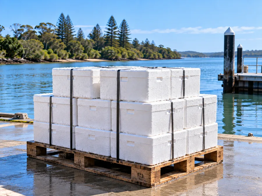 Insulated boxes palletised beside the Hastings River for the run south