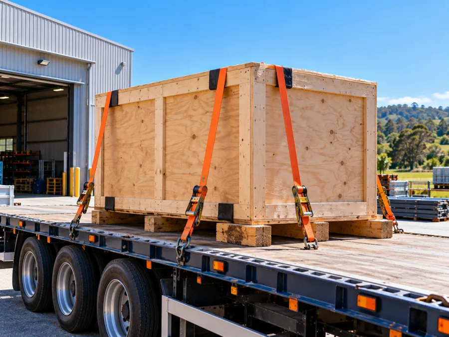 Timber-crated machine strapped on a trailer at a Port Macquarie industrial site